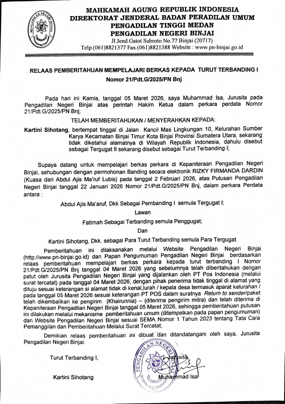 RELAAS PEMBERITAHUAN MEMPELAJARI BERKAS KEPADA TURUT TERBANDING I NOMOR 21/PDT.G/2025/PN BNJ