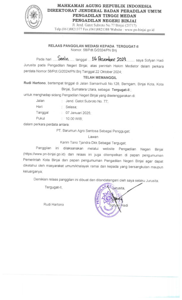 RELAAS PANGGILAN MEDIASI KEPADA TERGUGAT - II  Nomor. 58/Pdt.G/2024/PN Bnj 