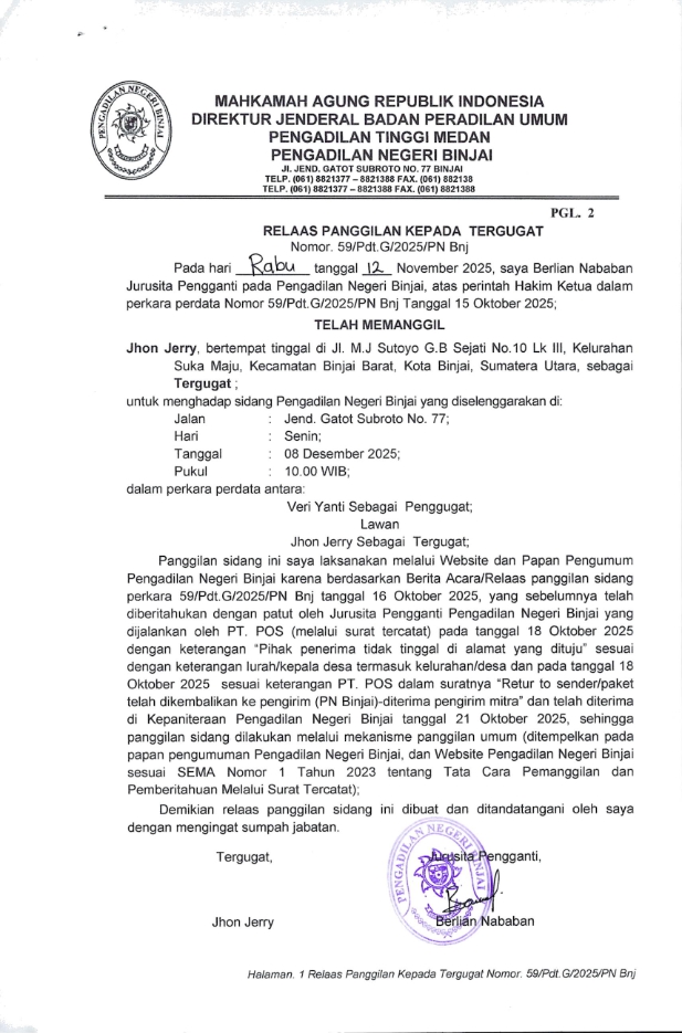 RELAAS PANGGILAN KEPADA TERGUGAT Nomor. 59/Pdt.G/2025/PN Bnj