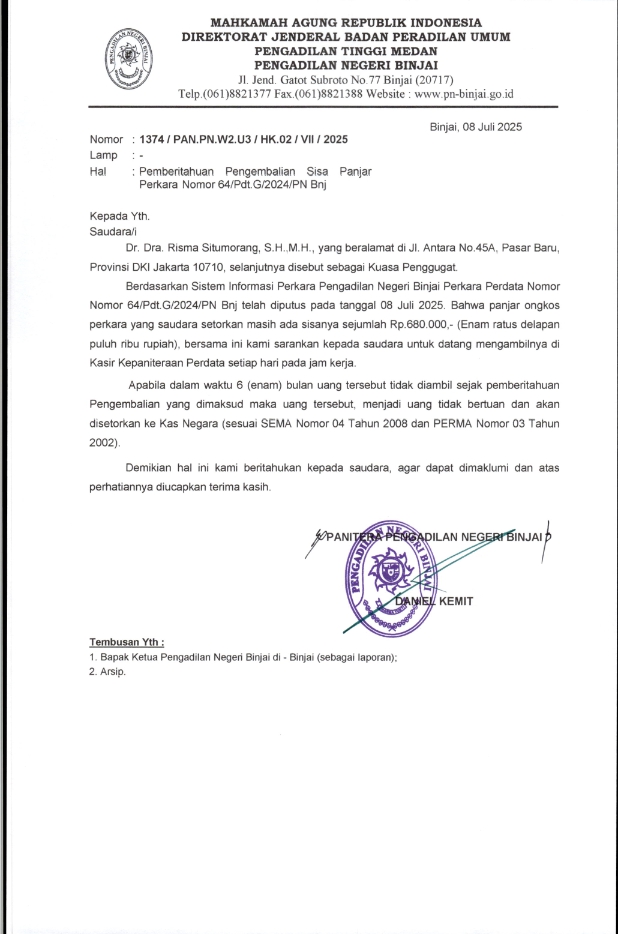 Pemberitahuan Pengembalian Sisa Panjar Perkara Nomor 64/Pdt.G/2024/PN Bnj
