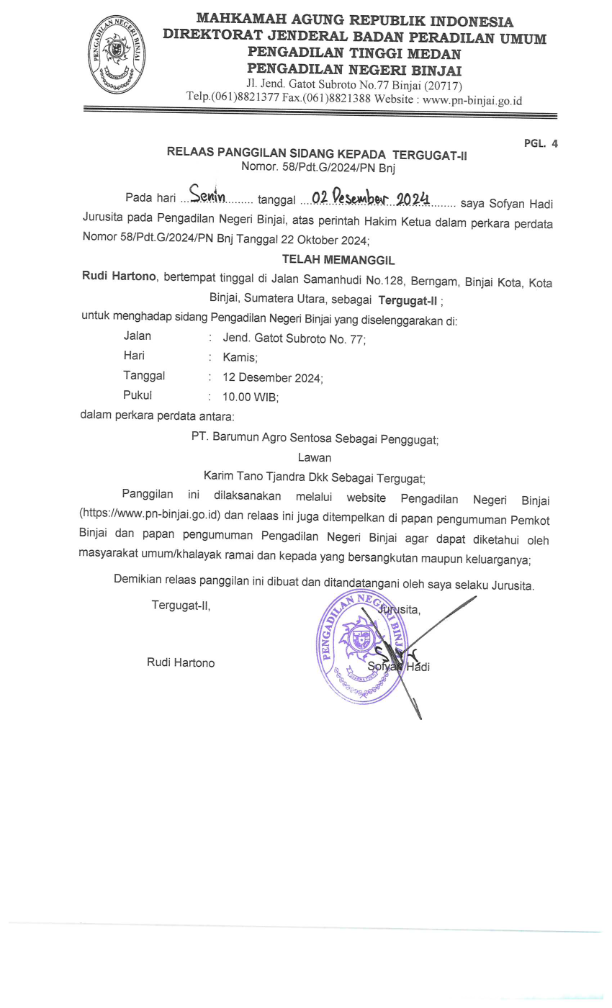 RELAAS PANGGILAN SIDANG KEPADA TERGUGAT-II  Nomor. 58/Pdt.G/2024/PN Bnj 