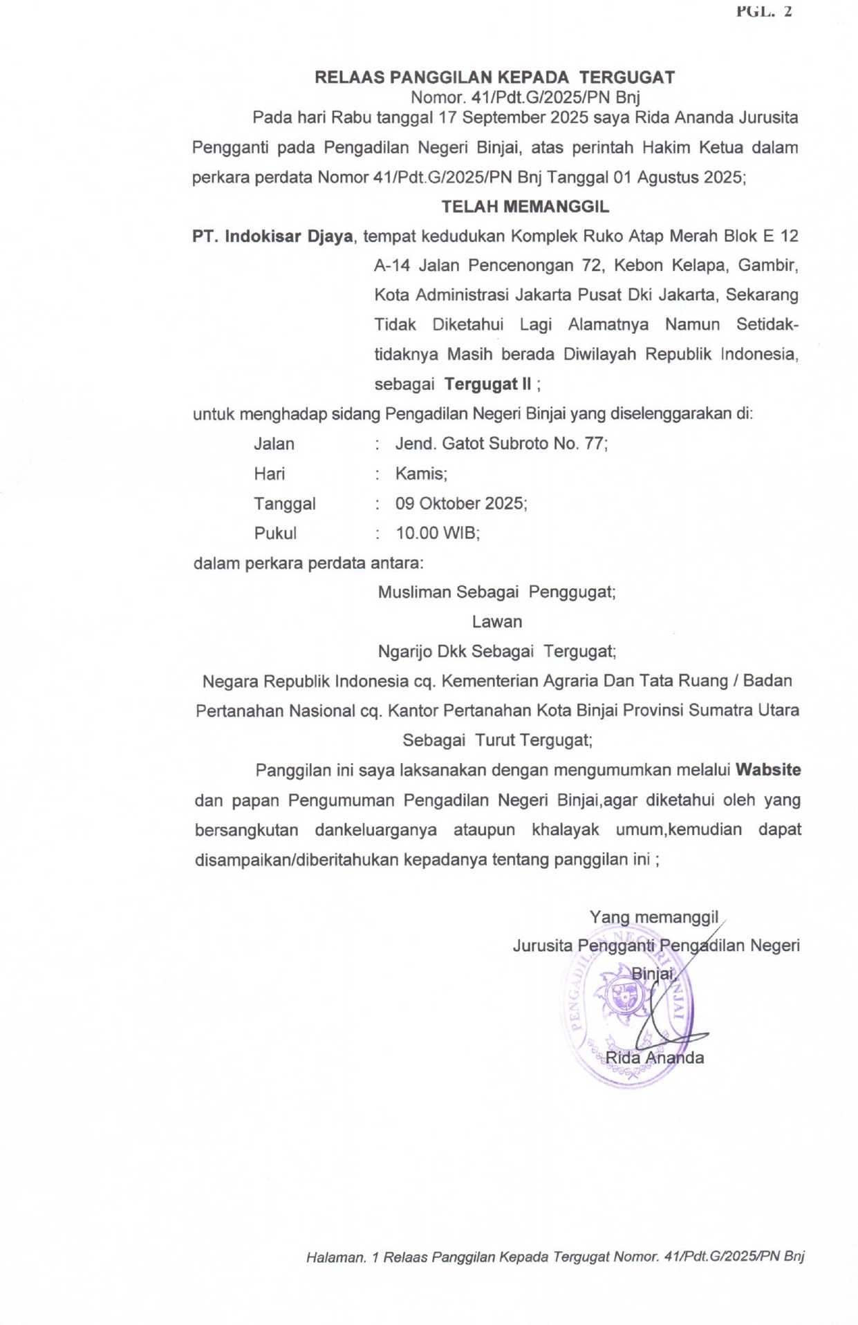 Relaas Panggilan Kepada Tergugat Nomor 41/Pdt.G/2025/PN Bnj (Indokisar)