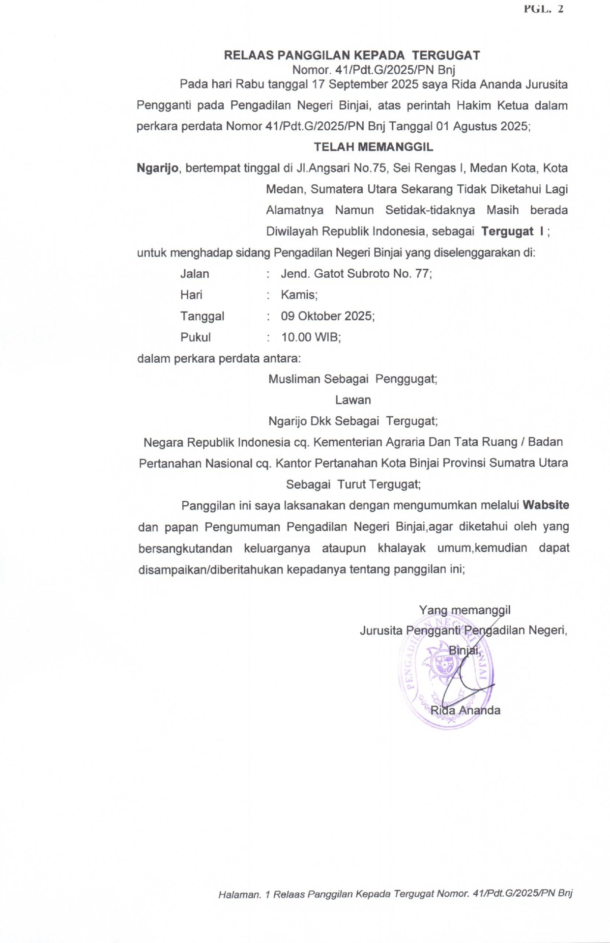 Relaas Panggilan Kepada Tergugat Nomor 41/Pdt.G/2025/PN Bnj (Ngarijo)