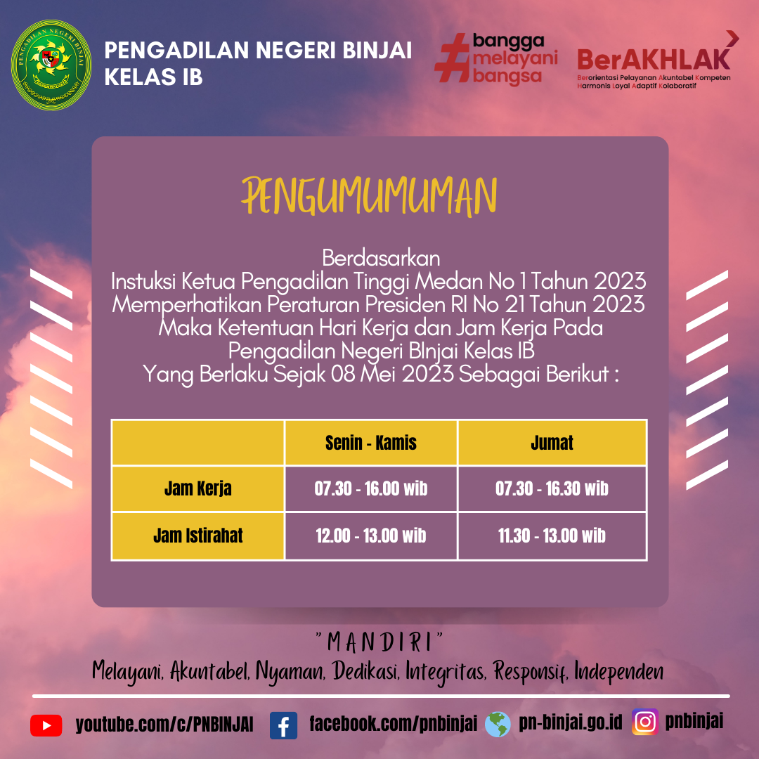 PERUBAHAN JAM KERJA PADA PENGADILAN NEGERI BINJAI KELAS IB