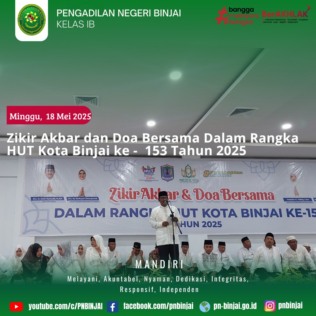 Kegiatan Zikir Akbar dan Doa Bersama dalam Rangka HUT Kota Binjai Ke-153 Tahun 2025