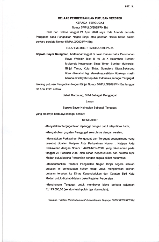 RELAAS PEMBERITAHUAN PUTUSAN VERSTEK KEPADA TERGUGAT Nomor 57/Pdt.G/2025/PN Bnj